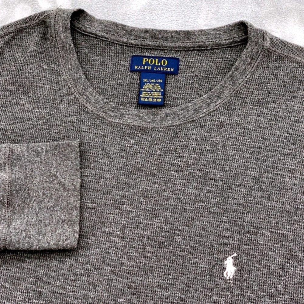 Polo Ralph Lauren Mens 2XL Gray Waffle Knit Long Sleeve Thermal Shirt Crewneck